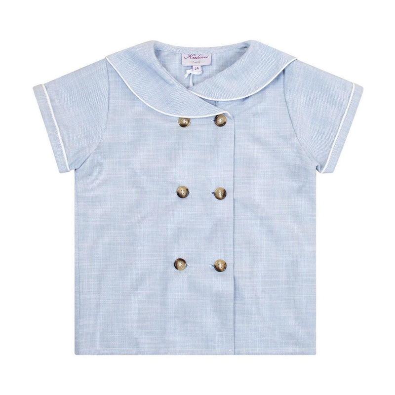 Ambroise, boy's short-sleeved shirt, piped collar, double-breasted front, boat neck in the back, in 1mm blue and white stripes