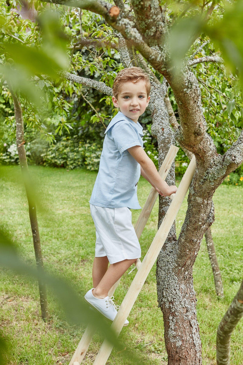 Ambroise, boy's short-sleeved shirt, piped collar, double-breasted front, boat neck in the back, in 1mm blue and white stripes