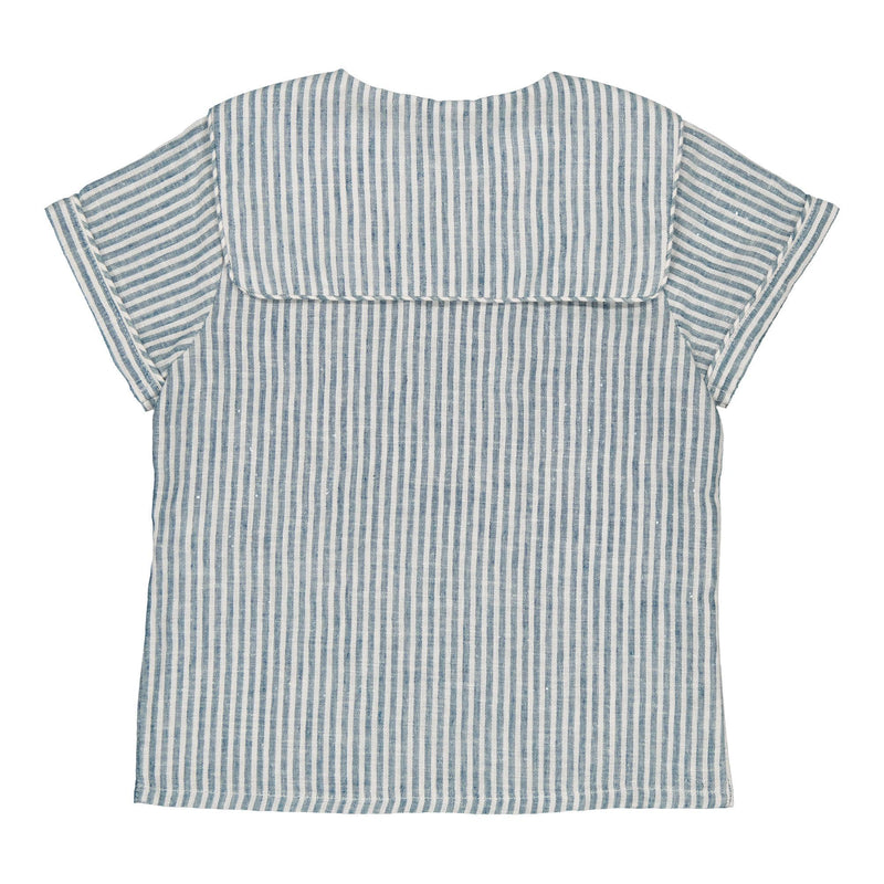 Ambroise, boy  shirt with sailor collar, short sleeves and double-breasted opening, in Teal stripes linen