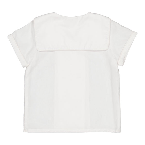 Ambroise, boy  shirt with sailor collar, short sleeves and double-breasted opening, in White cotton piqué