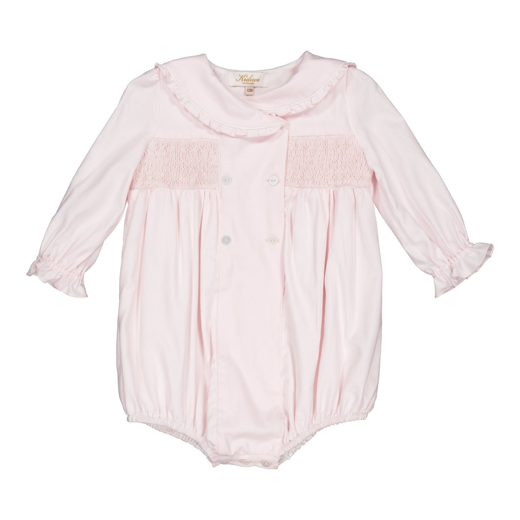 Ambroisinette, barboteuse smockée en twill de coton rose pâle
