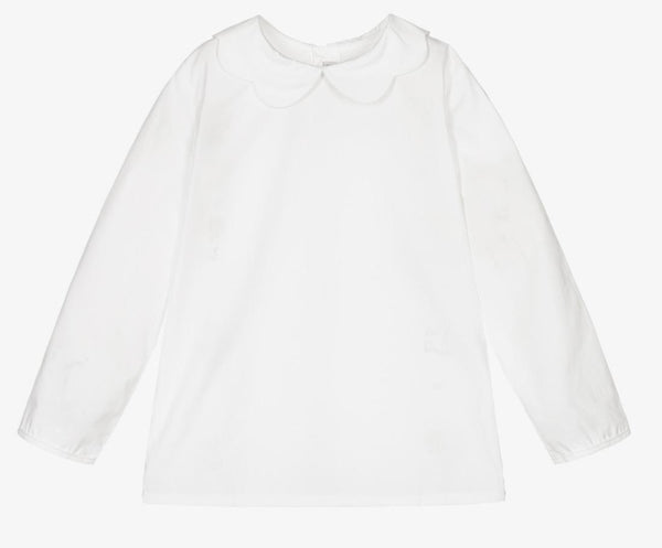 Anastasia, Girl's long-sleeved blouse, scalloped collar, in White poplin