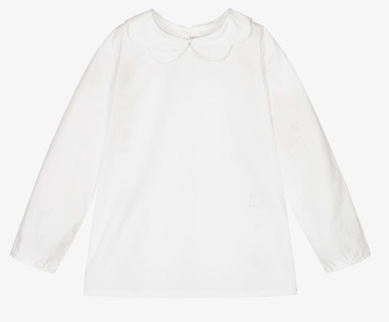 Anastasia, Girl's long-sleeved blouse, scalloped collar, in White poplin