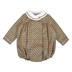 Anatole, barboteuse bébé manches longues, col châle, ouverture croisée, en tartan Kaki - Anatole, Long-sleeved baby romper, shawl collar, double-breasted opening, in Khaki tartan