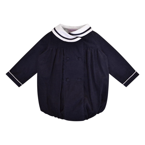 Anatole, Barboteuse bébé manches longues, col châle, ouverture croisée, en velours côtelé Marine - Anatole, Long-sleeved baby romper, shawl collar, double-breasted opening, in Navy corduroy