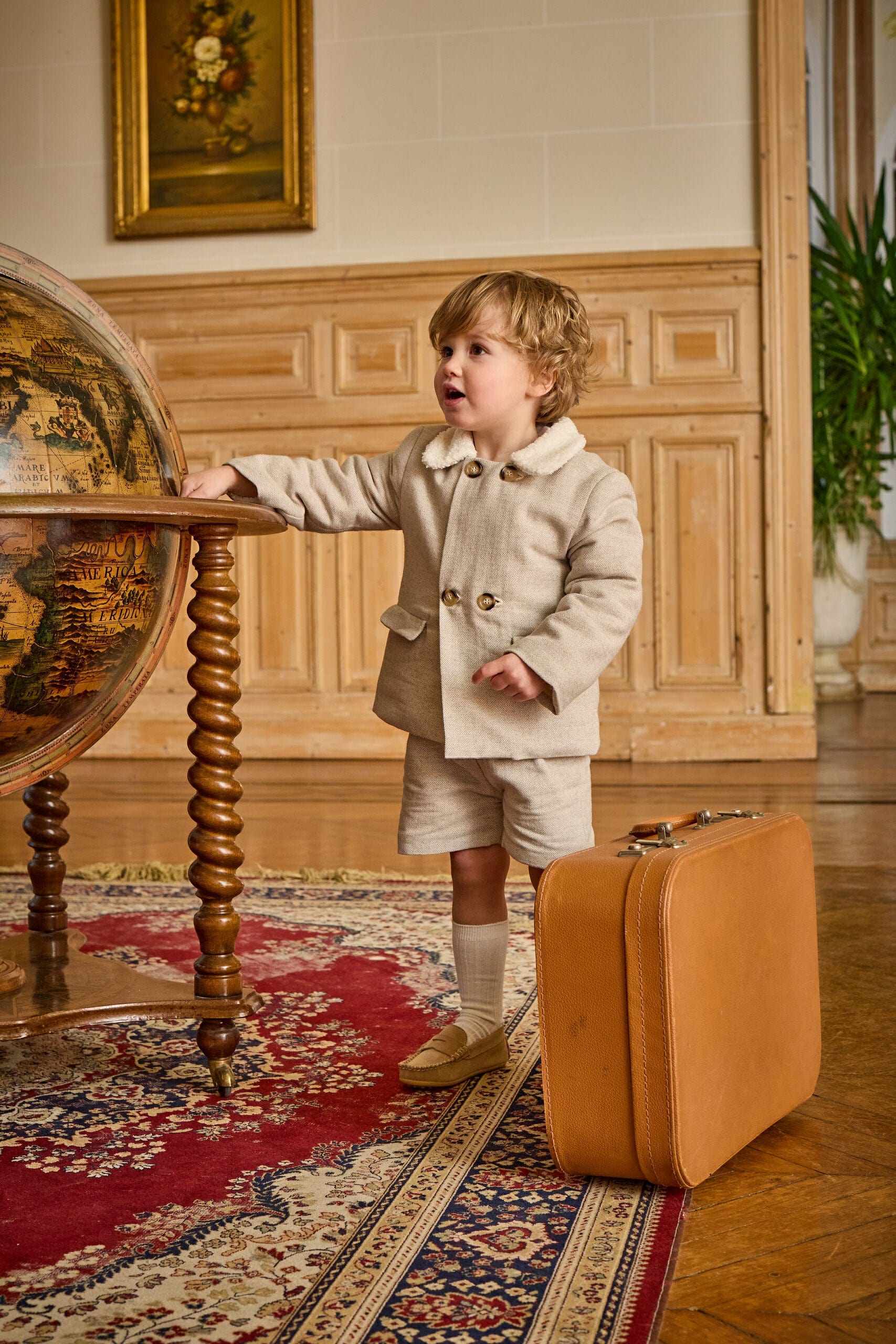 Anselme, veste en laine beige à chevrons, doublée de fourrure synthétique