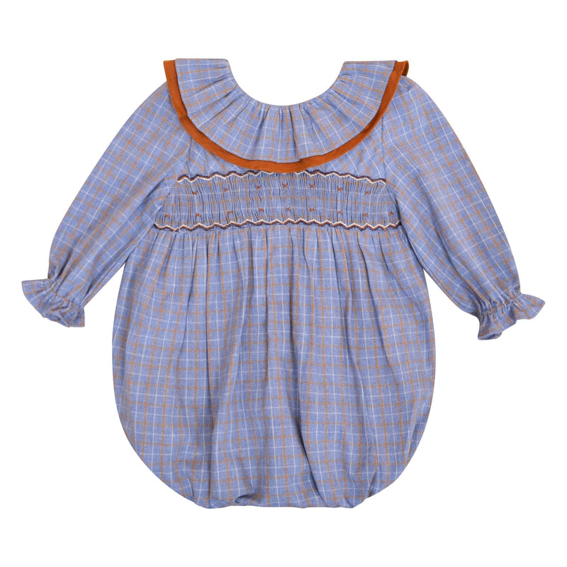 DERNIÈRE TAILLE 6M : Anthea, Barboteuse bébé fille manches longues, grand  col volanté et brodé, en Tartan bleu et cannelle