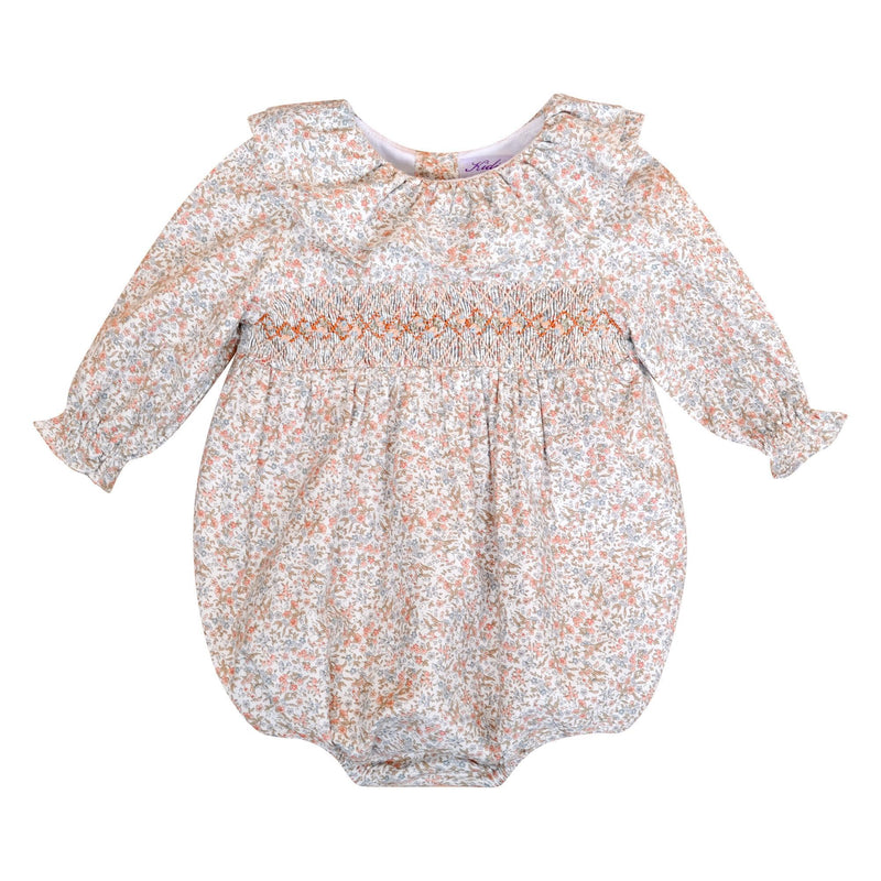 Anthéa, Barboteuse bébé fille manches longues, grand col volanté et brodé, nude rose / imprimé fleuri bleu ciel - Anthéa, Baby girl's long-sleeved romper, large ruffled and embroidered collar, in Rose nude / Sky blue floral print