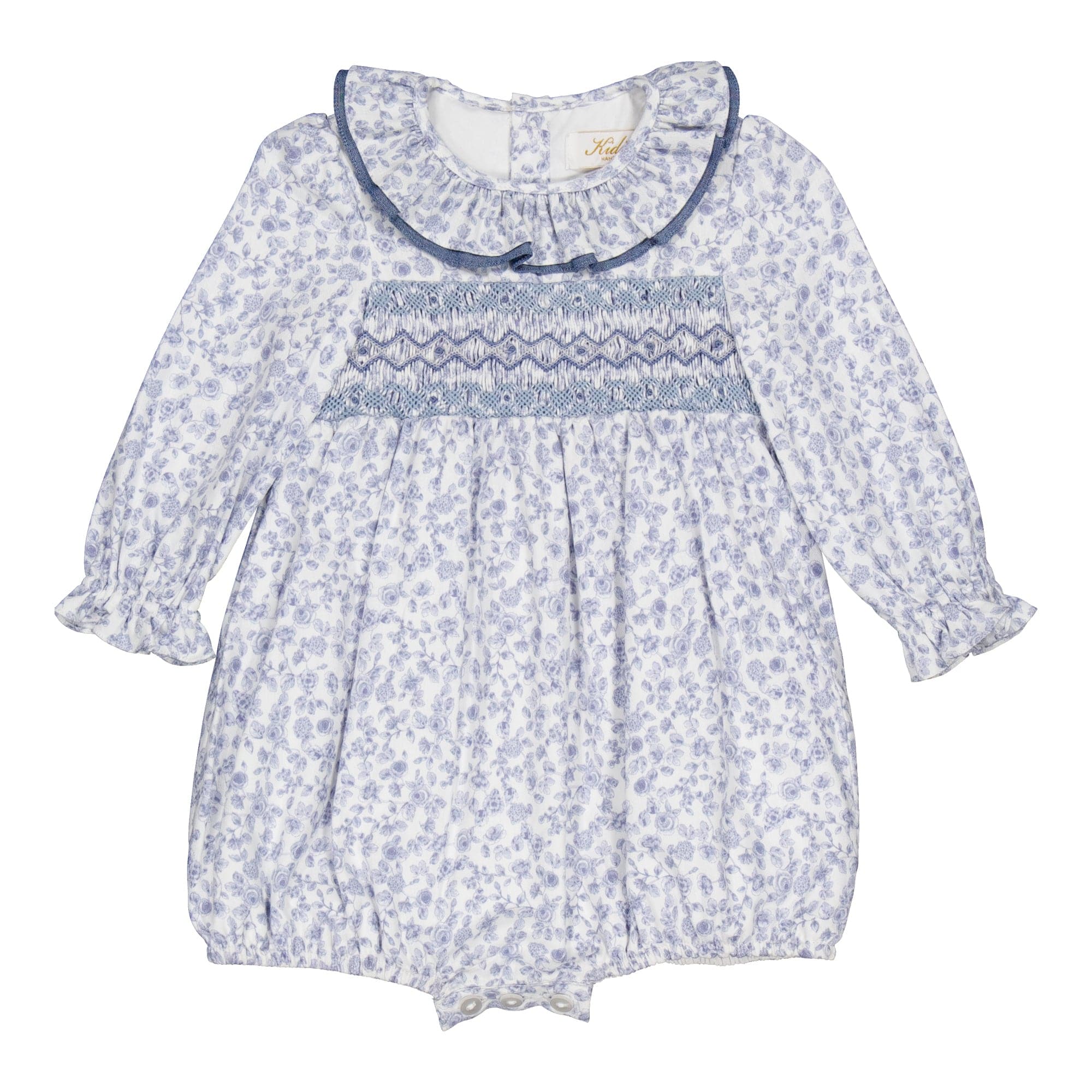 Anthéa, barboteuse smockée, imprimé Blue garden
