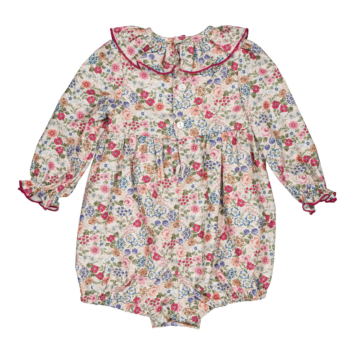 Anthéa, smocked girl romper, in Pink and raspberry floral print