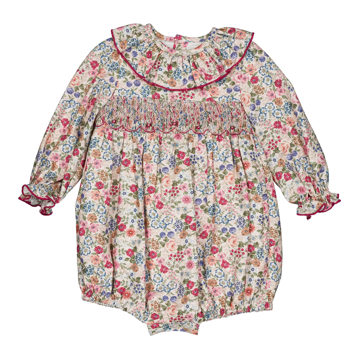 Anthéa, smocked girl romper, in Pink and raspberry floral print