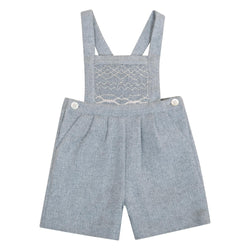 Aurélien, Salopette Garçon, devant smocké, en Chevrons gris avec laine - Aurélien, Boy's dungarees, smocked front panel, in Grey herringbones with wool