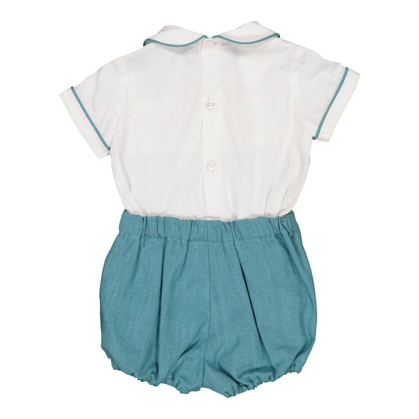 Barnabé, baby boy set made up of a white smocked shirt with peterpan collar and a bloomer, in Teal Linen