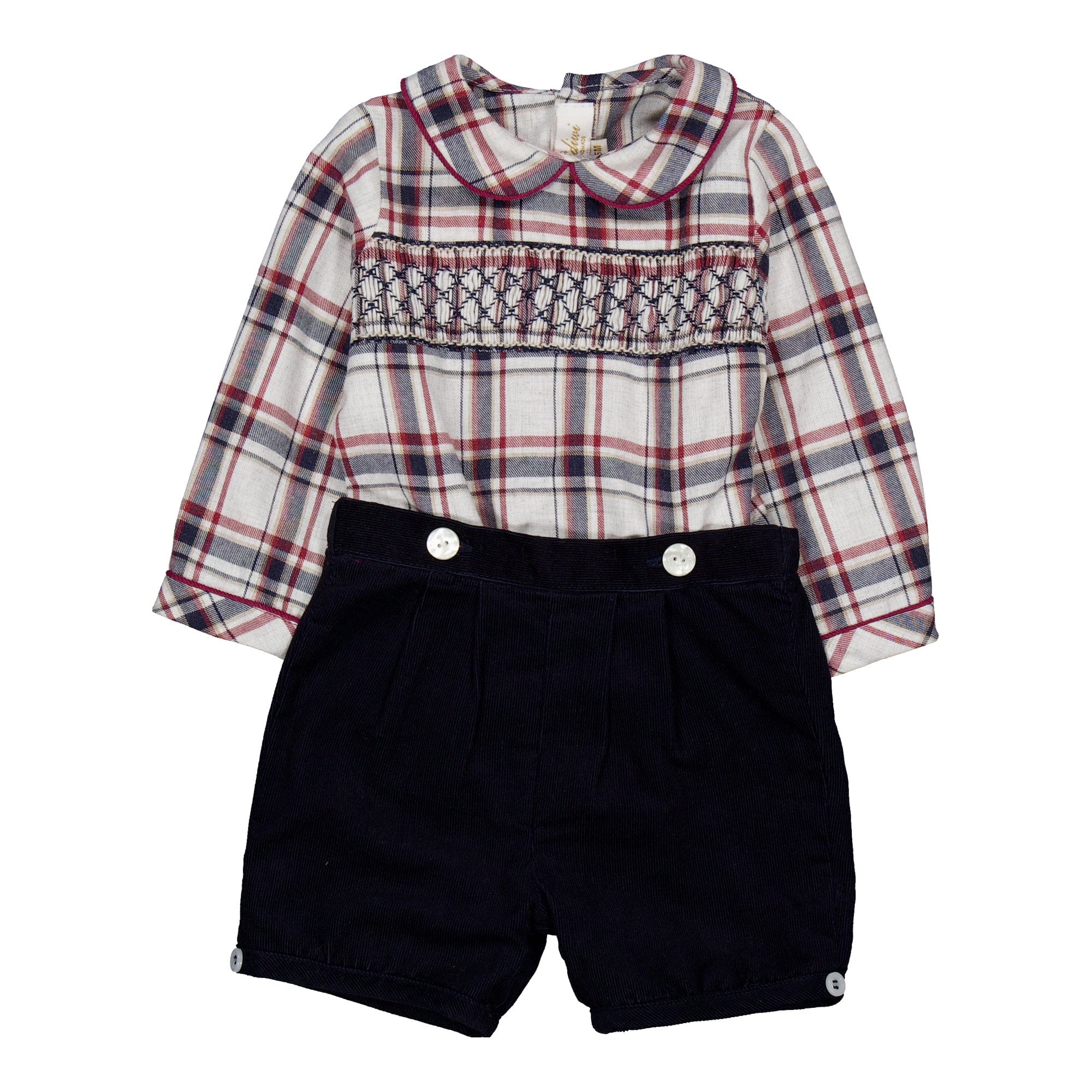 Barnabé, set bébé, chemise en tartan marine/bordeaux & short en velours côtelé marine