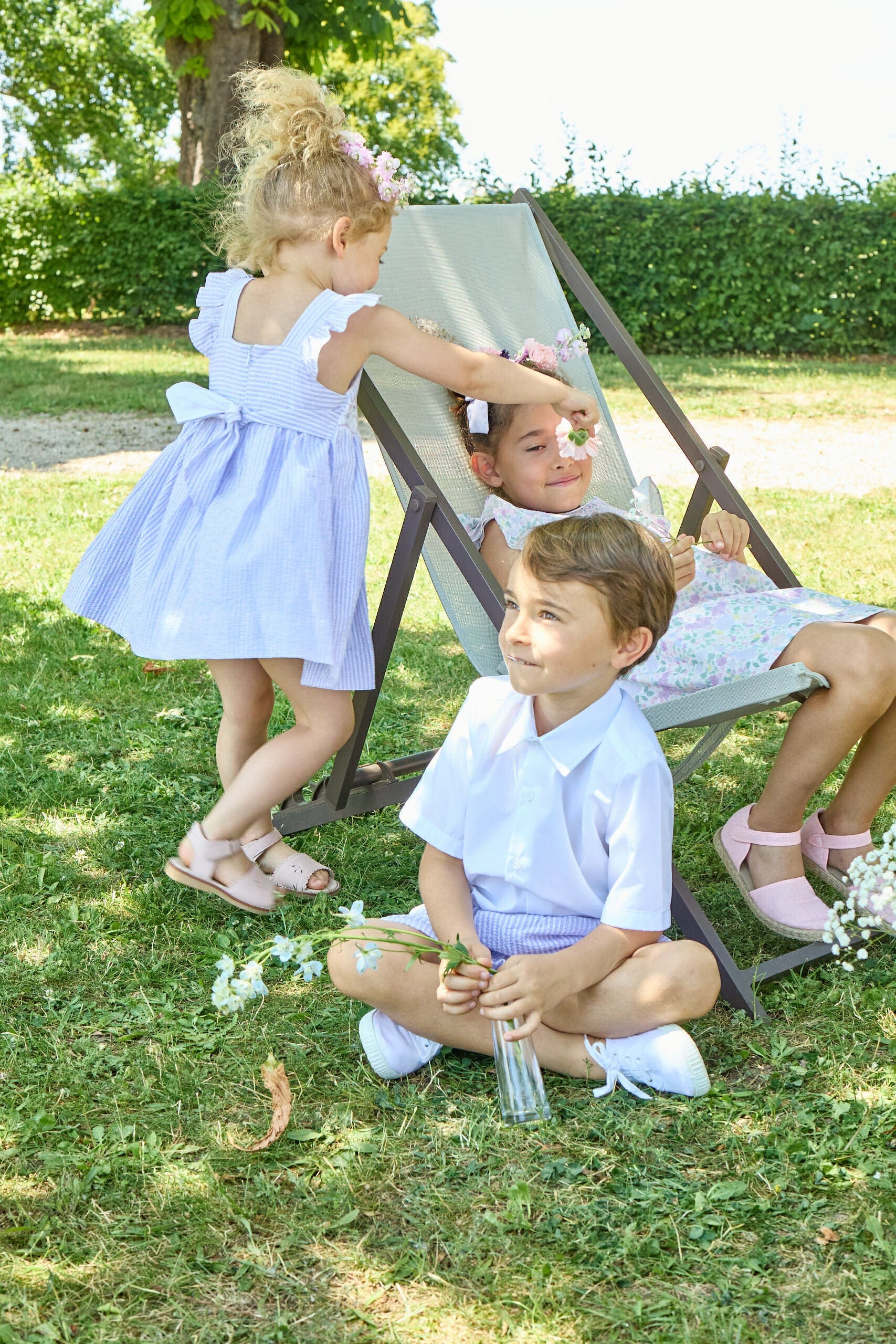Bégonia, smocked dress, in  Navy blue stripes