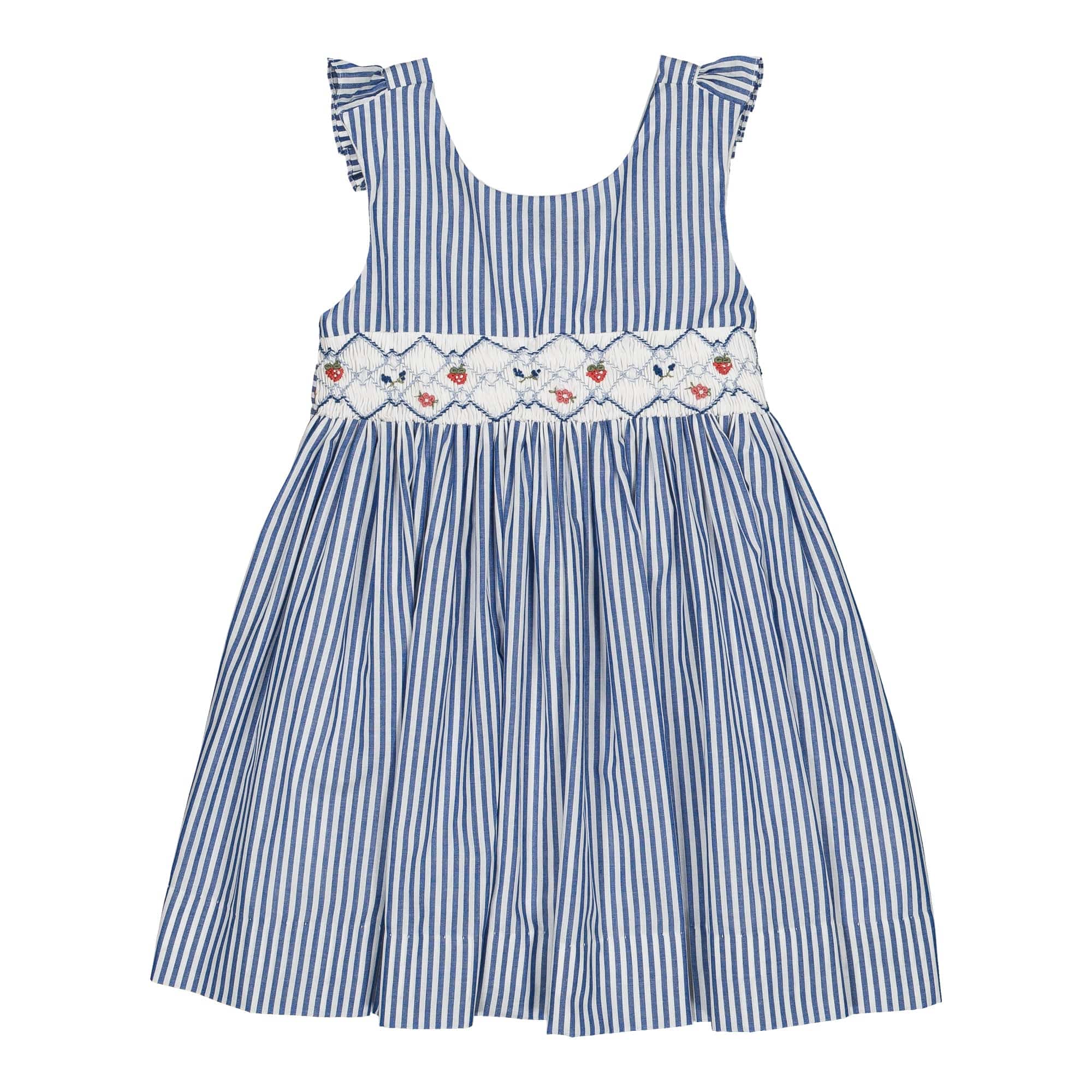 Bégonia, smocked dress, in  Navy blue stripes
