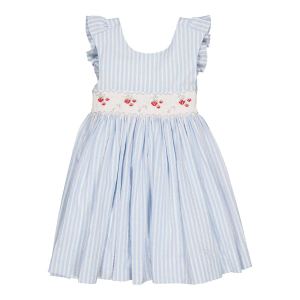Bégonia, smocked dress with ruffled straps on back, in Blue and white seersucker stripes