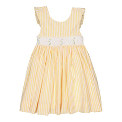 Bégonia, smocked dress with ruffled straps on back, in Yellow and white seersucker stripes