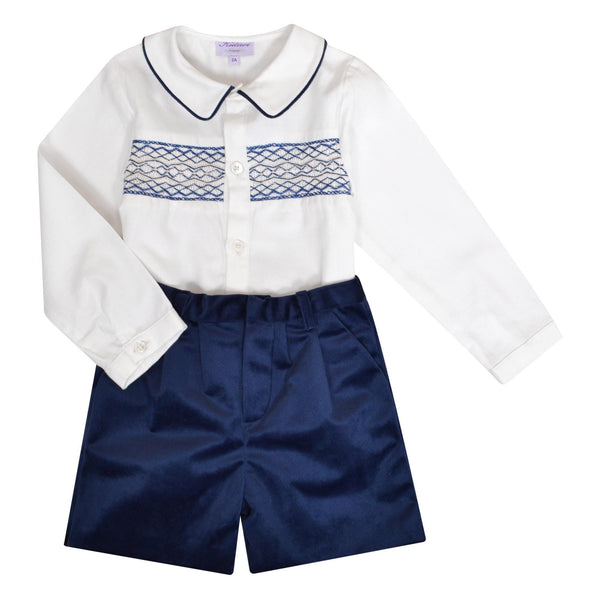 Benoit, Boy's set, with long-sleeved smocked shirt and shorts, in Navy velvet
