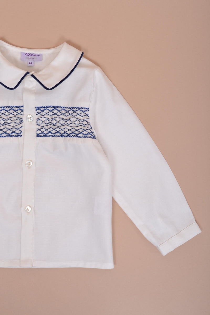 Boy's outfit, with long-sleeved smocked shirt and shorts in smooth navy  velvet