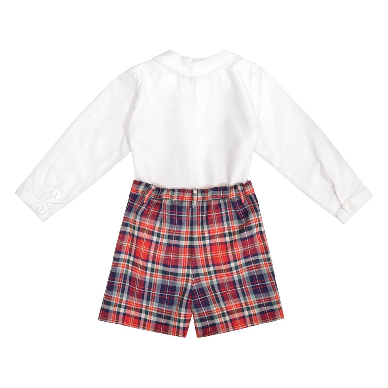 Benoit, Ensemble garçon, avec chemise smockée manches longues et short, en tartan rouge - Benoit, Boy's set, with long-sleeved smocked shirt and shorts, in Red tartan