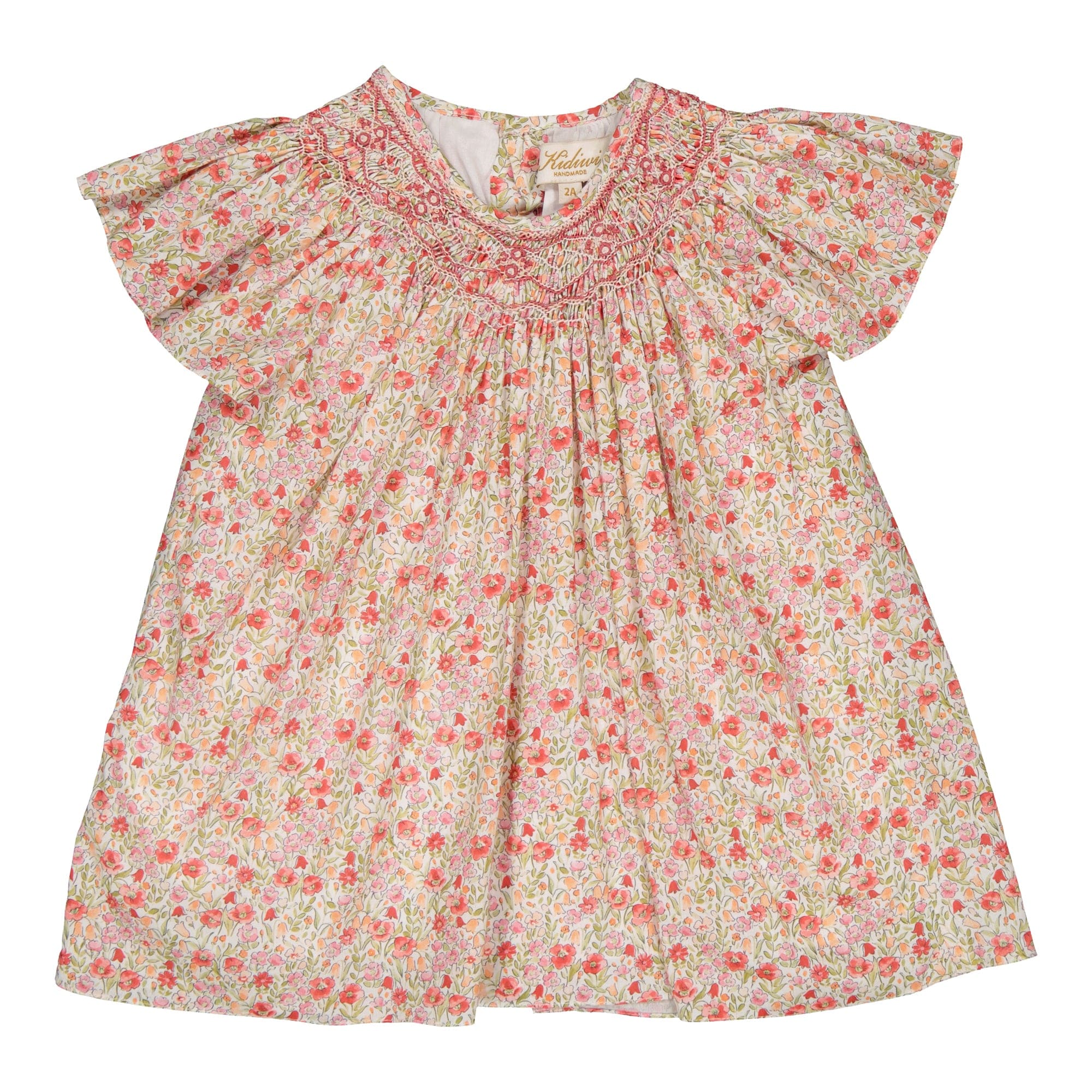 Bergénie, blouse smockée, imprimé fleuri rouge