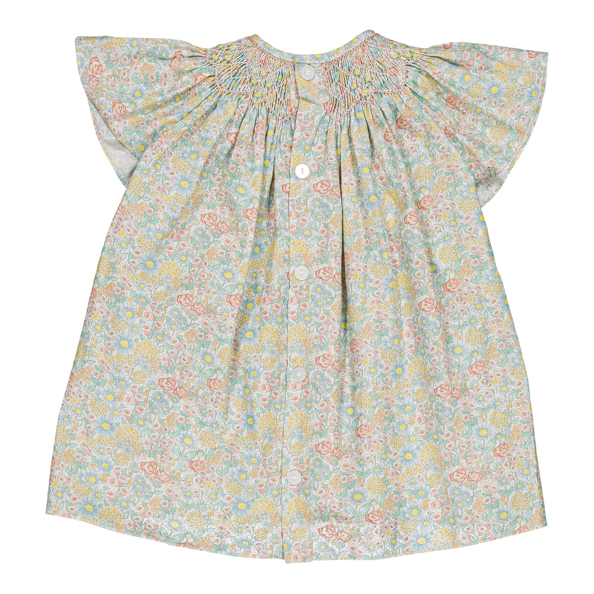 Bergénie, smocked girl blouse, in  Coral yellow floral print