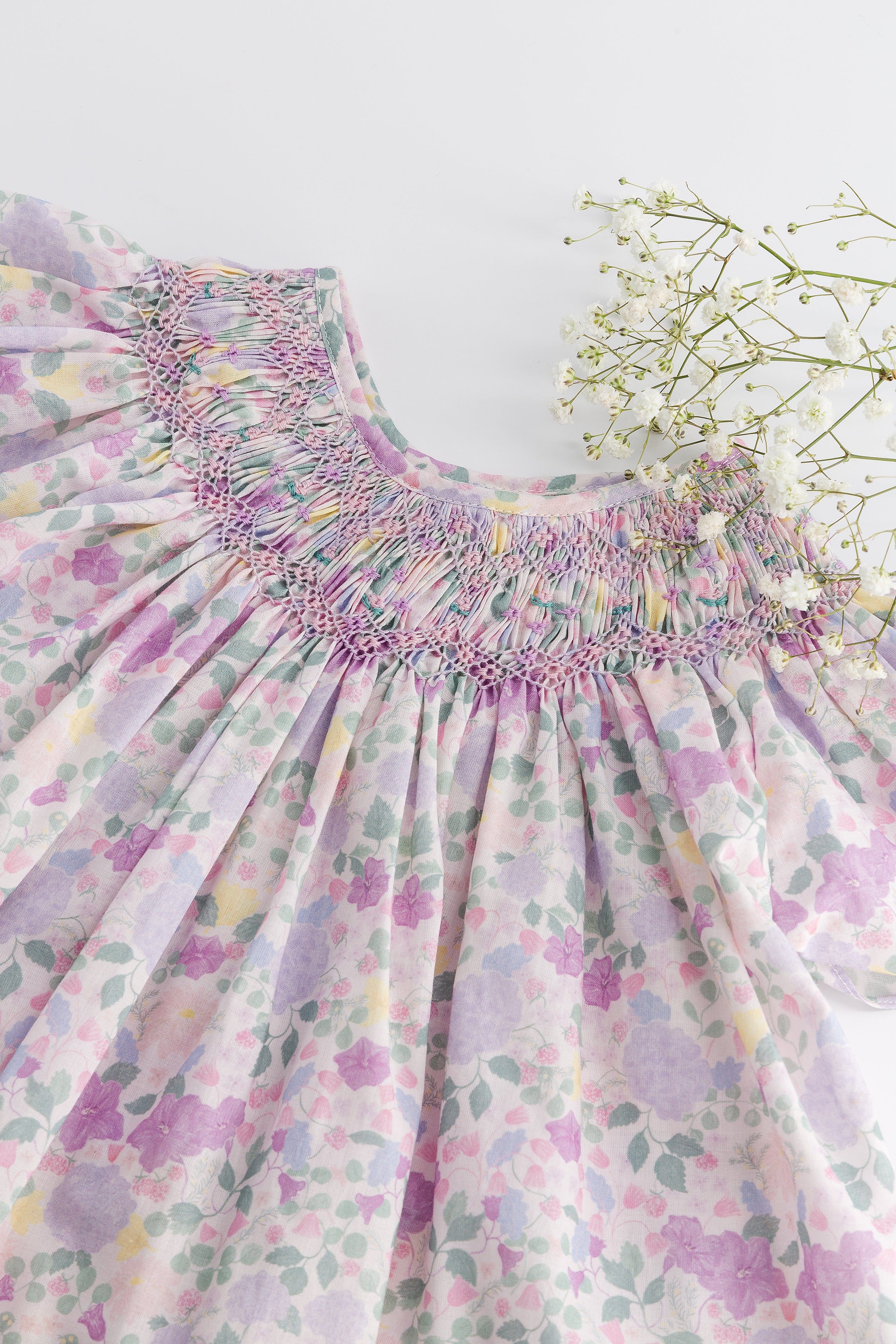 Bergénie, smocked girl blouse, in  Exclusive Lilac and pink garden print