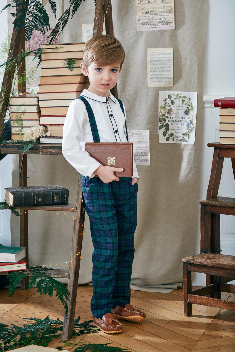 Bertrand, Boy's trousers with removable suspenders, in Cotton Blackwatch tartan