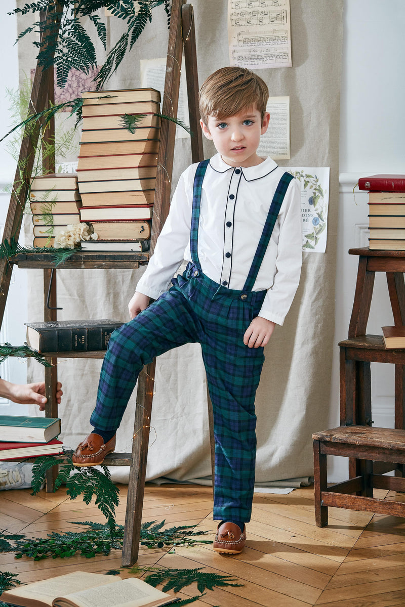 Bertrand, Boy's trousers with removable suspenders, in Cotton Blackwatch tartan