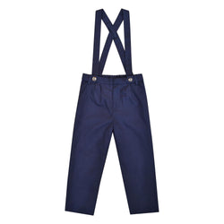 Bertrand, Pantalon garçon à bretelles amovibles, en sergé de coton bio Marine - Bertrand, Boy's trousers with removable straps, in Navy organic cotton twill