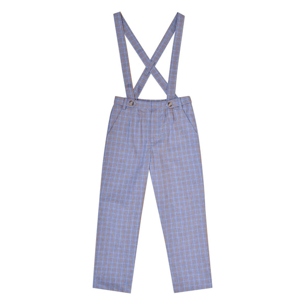 Bertrand, Pantalon Garçon à Bretelles Amovibles Tartan Bleu et Cannelle - Bertrand, Boy's trousers with removable straps in Blue and cinnamon Tartan