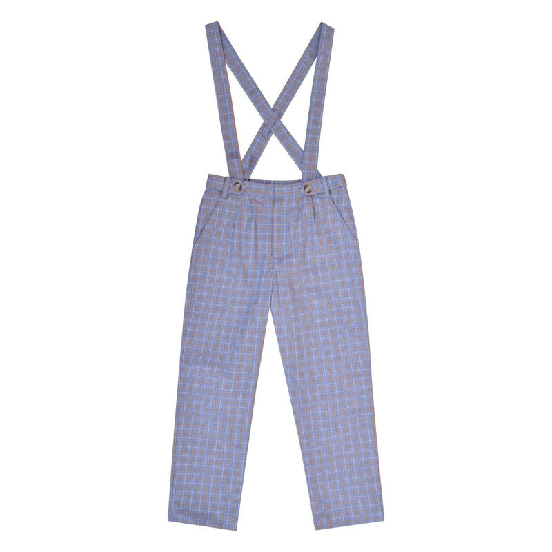 Bertrand, Pantalon Garçon à Bretelles Amovibles Tartan Bleu et Cannelle - Bertrand, Boy's trousers with removable straps in Blue and cinnamon Tartan