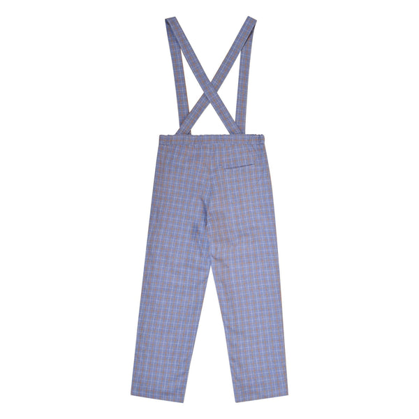 Bertrand, Pantalon Garçon à Bretelles Amovibles Tartan Bleu et Cannelle - Bertrand, Boy's trousers with removable straps in Blue and cinnamon Tartan