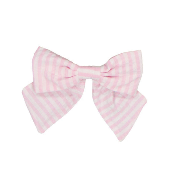Bonnie, hair clip with large bow, in Pink and white seersucker stripes