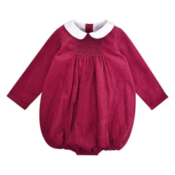 Caleb, Long-sleeved baby romper, Peter Pan collar, smocked in front, in Bordeaux corduroy