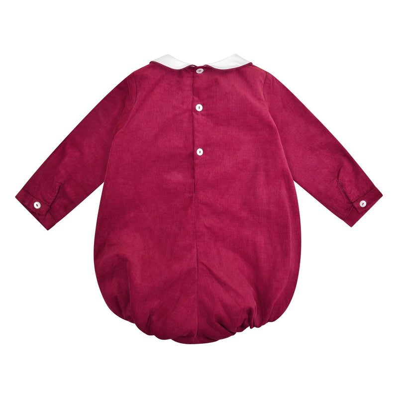 Caleb, Long-sleeved baby romper, Peter Pan collar, smocked in front, in Bordeaux corduroy