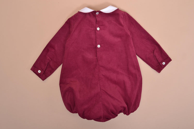 Caleb, Long-sleeved baby romper, Peter Pan collar, smocked in front, in Bordeaux corduroy