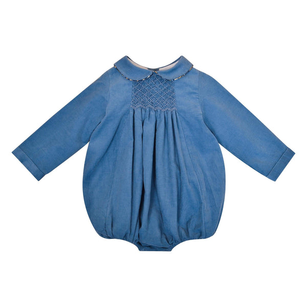 Caleb, Long-sleeved baby romper, Peter Pan collar with Liberty trim, smocked in front, in Blue porcelaine corduroy