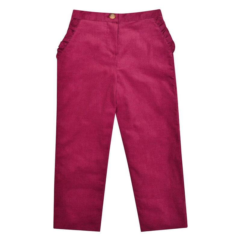 Candice, Pantalon fille, poches volantées, en velours côtelé bordeaux - Candice, Girl's trousers, ruffled pockets, in Bordeaux corduroy