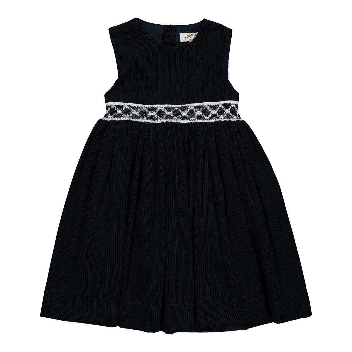 Carmine, Robe chasuble smockée pour fille en velours côtelé bleu marine