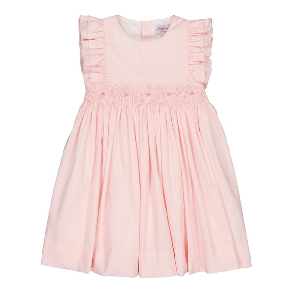Clarisse, smocked dress with two rows of ruffles on the side, in Nude pink poplin