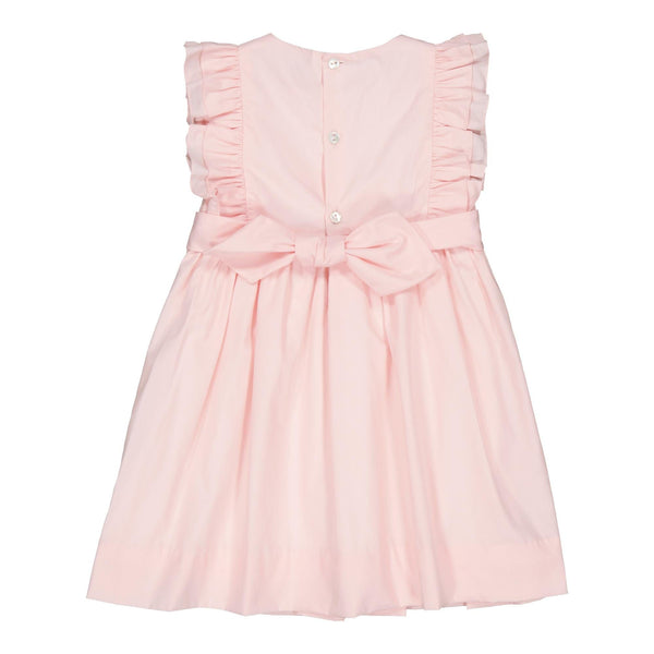 Clarisse, smocked dress with two rows of ruffles on the side, in Nude pink poplin