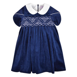 Clémence, Dress with short petal sleeves, peter pan collar, smocked waist, zipped back opening, in Navy velvet