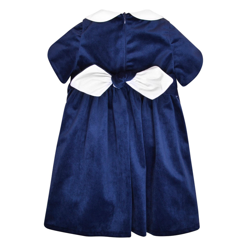 Clémence, Dress with short petal sleeves, peter pan collar, smocked waist, zipped back opening, in Navy velvet