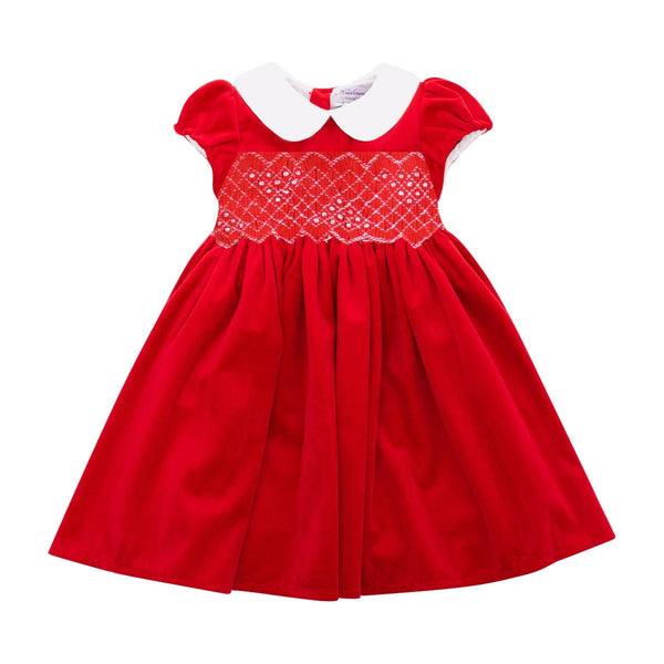 Clémence, *puffed sleeves* Dress with peter pan collar, smocked waist, zipped back opening, in Red velvet