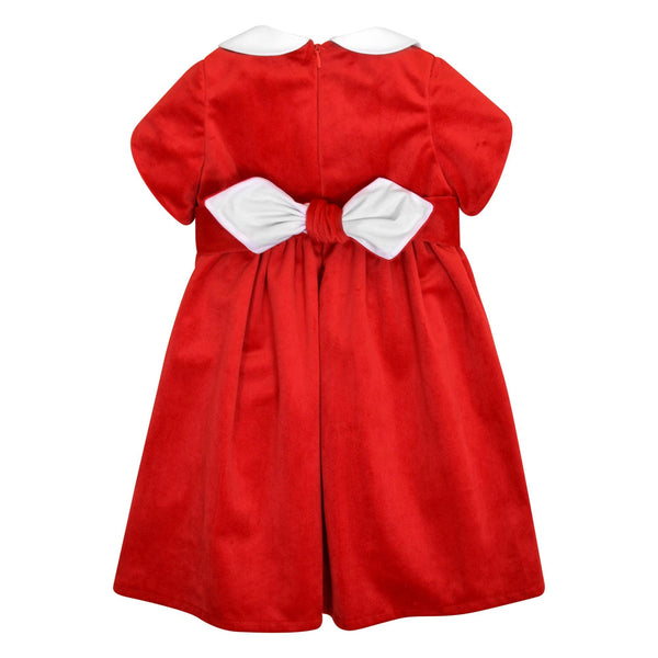 Clémence, Robe manches courtes pétales, col claudine, taille smockée, ouverture dos zippée, en Velours Rouge - Clémence, Dress with short petal sleeves, peter pan collar, smocked waist, zipped back opening, in Red velvet