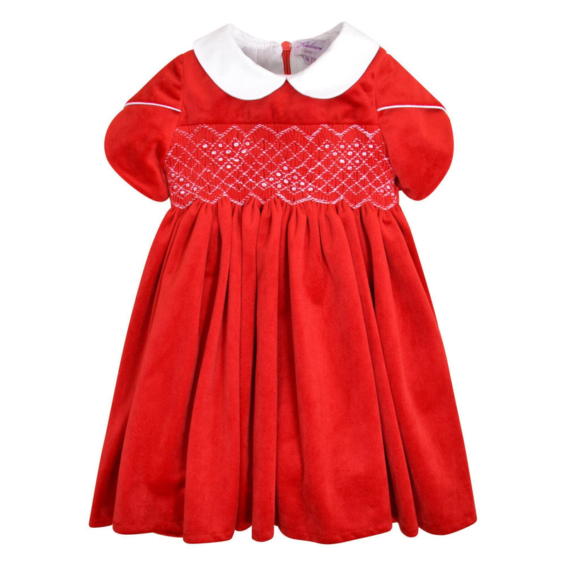 Clémence, Robe manches courtes pétales, col claudine, taille smockée, ouverture dos zippée, en Velours Rouge - Clémence, Dress with short petal sleeves, peter pan collar, smocked waist, zipped back opening, in Red velvet