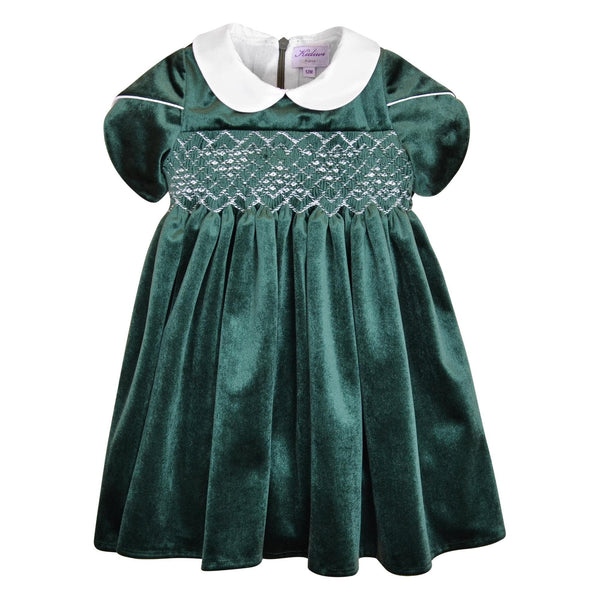 Clémence, Robe manches courtes pétales, col claudine, taille smockée, ouverture dos zippée, en velours vert Emeraude  - Clémence, Dress with short petal sleeves, peter pan collar, smocked waist, zipped back opening, in Emerald green velvet