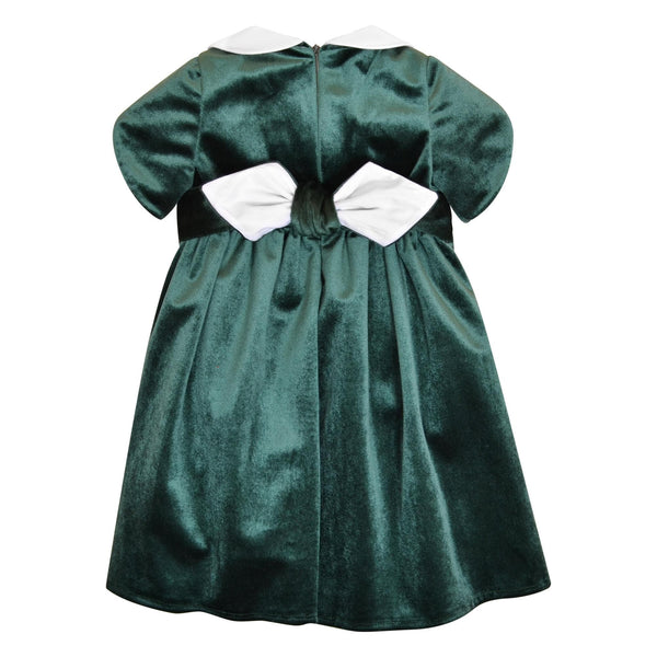 Clémence, Robe manches courtes pétales, col claudine, taille smockée, ouverture dos zippée, en velours vert Emeraude  - Clémence, Dress with short petal sleeves, peter pan collar, smocked waist, zipped back opening, in Emerald green velvet